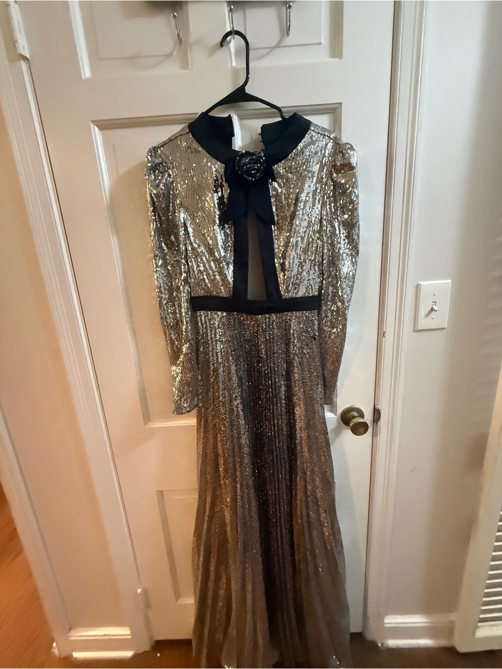 Philosophy di Lorenzo Serafini Silver Sequin Gown with Black Trim